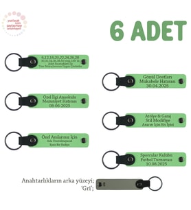 Öğretmene Veda Partisi Hatırası, 6'lı Set, Öğrenci İsimli Kişisel Deri Anahtarlık, F Yeşil & Gri (Fıstık Yeşili)