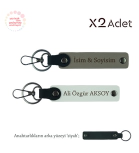 Komşuya Manevi Hediye, İsim & Soyisim Yazılı 2’li Anahtarlık Seti, Kül Gri-Beyaz-Siyah