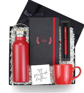 Kişiye Özel Termos & Kenarı Boyalı Defter & Kalem & Kupa Hediye Seti (Kırmızı)