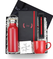 Kişiye Özel Termos & Kenarı Boyalı Defter & Kalem & Kupa Hediye Seti (Kırmızı)