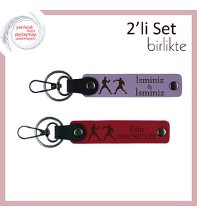 Ringin Efendisine Hediye, Yumruk Desenli, Kişisel Yazılı 2’li Anahtarlık, Mor Menekşe-Kırmızı