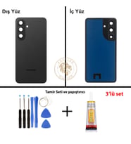 Samsung Galaxy S26 Siyah Renk Lensli Arka Kapak + Tamir Seti + B7000 Yapıştırıcı Arka Cam Batarya Kapağı Pil Kapağı Lazer Kesim Back Cover Galaxy S26 Uyumlu