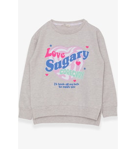Breeze Kız Çocuk Sweatshirt Yazı Baskılı Yırtmaçlı 9-14 Yaş, Bej Melanj