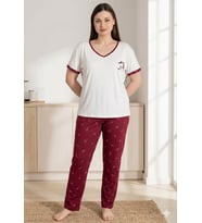 Kadın Büyük Beden Bordo Pijama Takımı - Kısa Kollu V Yaka Pamuklu-9580
