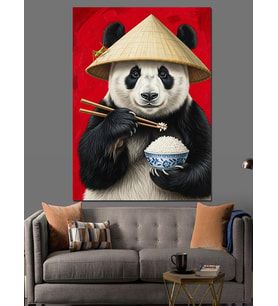 Şapkalı Panda Japon Figürü Dekoratif Kanvas - Mdf Ahşap Tablo