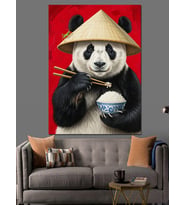 Şapkalı Panda Japon Figürü Dekoratif Kanvas - Mdf Ahşap Tablo