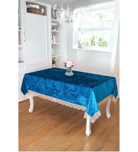 Pera Lüx Dantelli Kadife Kumaş Turkuaz Masa Örtüsü 160x220 Cm - 1421 (Standart)