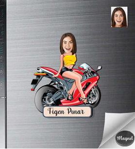 Kişiye Özel Motorcu Kadın Ahşap Magnet -2