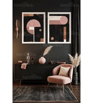 Pembe ve Altın Dokunuşlu Modern Soyut 2’li Ahşap Çerçeveli Tablo Seti
