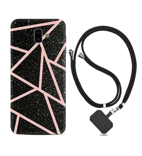 Samsung J6 Plus J7 Prime J7 Pro M20 Kılıf Boyun Askılı Silikon Pembe Şeritli Mermer 1312