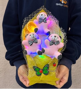 Renkli Led Işıklı Özel Pembe Ayıcıklı Büyük Boy Peluş Ayıcık Buketi (Model 3)
