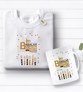 BK Gift Kişiye Özel İlk Babalar Günü Tasarımlı Beyaz Tişört ve Kupa Seti-5 (Model 1)