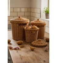 3 Lü Wicker Set 3 Boy Hasır Kapaklı Patates Soğan Mutfak Sunum Sebzelik Örgü Sepeti Dekor Şemsiyelik