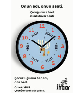 İsme Özel Uçurtma Uçuran Geyik Çocuk Odası Duvar Saati Orta Boy 30 cm Siyah Camlı Sessiz