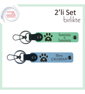Kedi Sever Arkadaşa Özel Hediyelik, Kalpli Pati Motifli Deri Anahtarlık Seti, Açık Yeşil-Gök Mavi