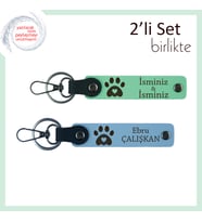Kedi Sever Arkadaşa Özel Hediyelik, Kalpli Pati Motifli Deri Anahtarlık Seti, Açık Yeşil-Gök Mavi