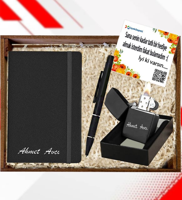 Ahşap Kasalı Kişiye Özel Metal Çakmak & Deri Ajanda & Kalem Premium Hediye Seti