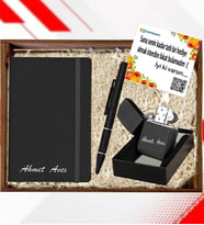 Ahşap Kasalı Kişiye Özel Metal Çakmak & Deri Ajanda & Kalem Premium Hediye Seti