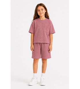 Monox Unisex 5-12 Yaş Petek Dokulu Oversize Yazlık Şort Tişört Takım