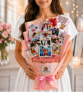 Kalpli Balon & Hep Benimle Ol Çubuk Stickerlı(Pembe) - 12 Fotoğraflı Şık Anı Buketi - Kişiye Özel Çiçek Buketi Sevgiliye -Arkadaşa- Yeni Doğan Bebek Hediyeleri Root&Hug