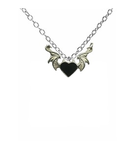 Gothic Siyah Kalp Heart Decor Çift Kanat Figürlü Unisex Kolye – 60 cm Zincirli, Gotik ve Asi Stil (Gümüş)