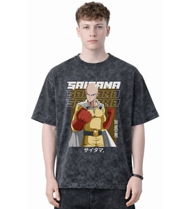 Tasarım One Punch Man Saitama Anime Baskılı Unisex Oversize Eskitme Yıkamalı Tişört