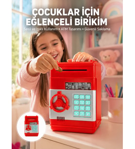 Şifreli Kırmızı Atm Tasarımlı Çelik Kasa Görünümlü Kumbara