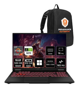 Asus Tuf Gaming A16 Amd Ryzen 7 8745HX Rtx 5070 8gb 115W 128GB Ram 512GB SSD 16" Wuxga (1920X1200) IPS 165Hz WIN11 Pro FA608PPRV15P476 Gaming Laptop + Per4 Çanta