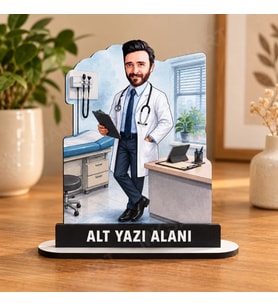 Kişiye Özel Doktor Karikatürlü 18 cm MDF Masaüstü Biblo - Hekim Hediyesi Doktora Özel Hediye
