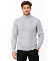 Erkek Balıkçı Yaka Tam Boğazlı Kalın Fitilli Regular Fit Triko Kazak - Gri