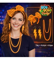 80’ler 90’lar Neon Turuncu Parti Seti – Kolye Küpe Taç