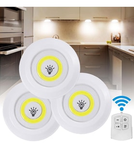 Pratik Led Dolap Ampul Pilli Uzaktan Kumandalı Yapışkanlı Kablosuz Pilli LED 3'lü Spot Lamba