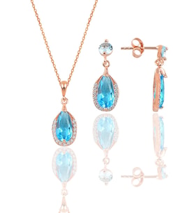 Gümüş rose akuamarin taşlı damla modeli kolye ve küpe ikili set SGTL12073MAVI