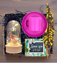 Led Işıklı Fanus, Pembe Kahve Fincanı ve Tütsülük Hediye Seti - Premium Hediye Seti (Model 1)