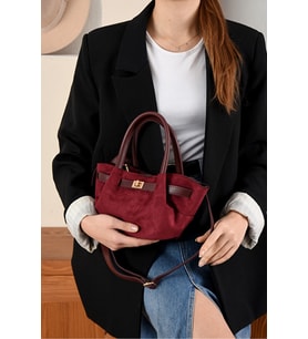 Yeni Sezon Kilit Detaylı Süet&Nubuk Uzun Askılı Trend Mini Çanta (14x27) (Bordo)