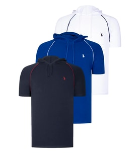 ÜÇLÜ SET T8570 DEWBERRY KAPŞONLU ERKEK T-SHIRT-LACİVERT-BEYAZ-SAKS (Karışık)