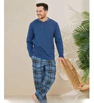 Pijamoni Erkek Pamuklu Düğme Yaka Uzun Kol İnce Pijama Takımı 100/4 - 1 Adet (Mavi)