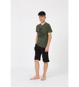 Erkek Genç Garson Boy Kısa Kol Haki Penye Şortlu Pijama Takımı