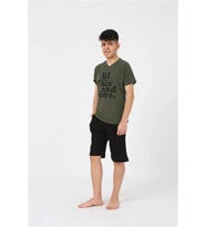 Erkek Genç Garson Boy Kısa Kol Haki Penye Şortlu Pijama Takımı