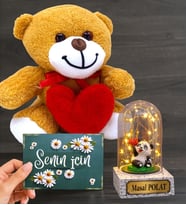 Led Işıklı Kişiye Özel Fanus ve Kalpli Peluş Ayıcık Hediye Seti (Model 3)
