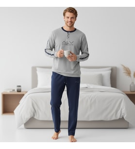 Erkek Pamuklu Bohçalık Ve Çeyizlik Gri Melanj - Lacivert Renk Pijama Takımı AL003 V2