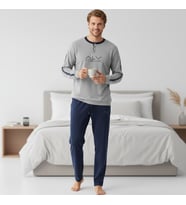 Erkek Pamuklu Bohçalık Ve Çeyizlik Gri Melanj - Lacivert Renk Pijama Takımı AL003 V2