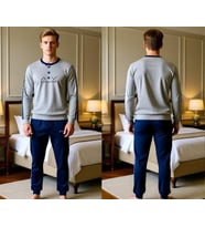 Erkek Pamuklu Gri Melanj - Lacivert Renk Pijama Takımı AL003-2