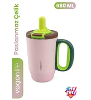 680 ML Tek Kapak Çift Kullanım Pipetli Rahat İçim Kulplu Paslanmaz Çelik Termos Mug FFVGN1113-680ML