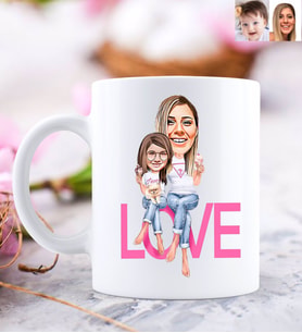 BK Gift Kişiye Özel Anne ve Kız Love Karikatürlü Beyaz Kupa Bardak-1