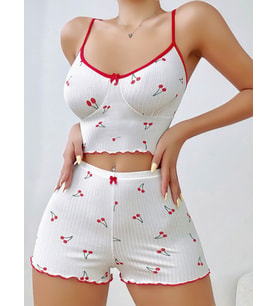 Kadın Vişne Desenli Dantel Askılı Şortlu Pijama Takımı 5193