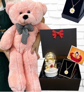 Büyük Boy Pembe Peluş Ayıcık ve Tasarım Kolyeli Fotoğraflı Hediye Kutusu (Model 1)