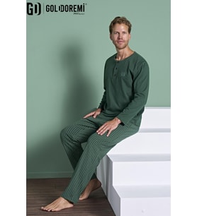 Gd Goldoremi Erkek Düğmeli Yaka Şerit Detaylı Düğmeli Yaka Uzun Kollu Pijama Takım