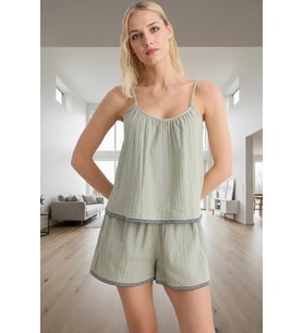 Kadın Pamuklu Müslin Pijama Takımı Rahat Şerit Detaylı Yazlık Özenle Seçilmiş Premium Kalite (Yeşil)