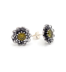 Zeberced (Peridot) Taşlı Papatya Model Oksitli Telkari Gümüş Kadın Küpe 201024197